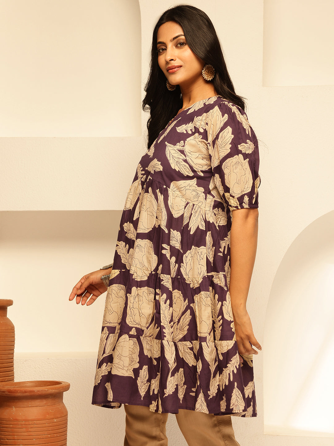 Purple Floral Printed Alia Cut Cotton Tunic Top