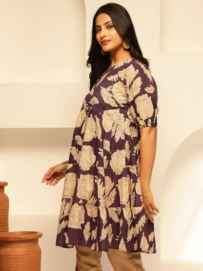 Purple Floral Printed Alia Cut Cotton Tunic Top