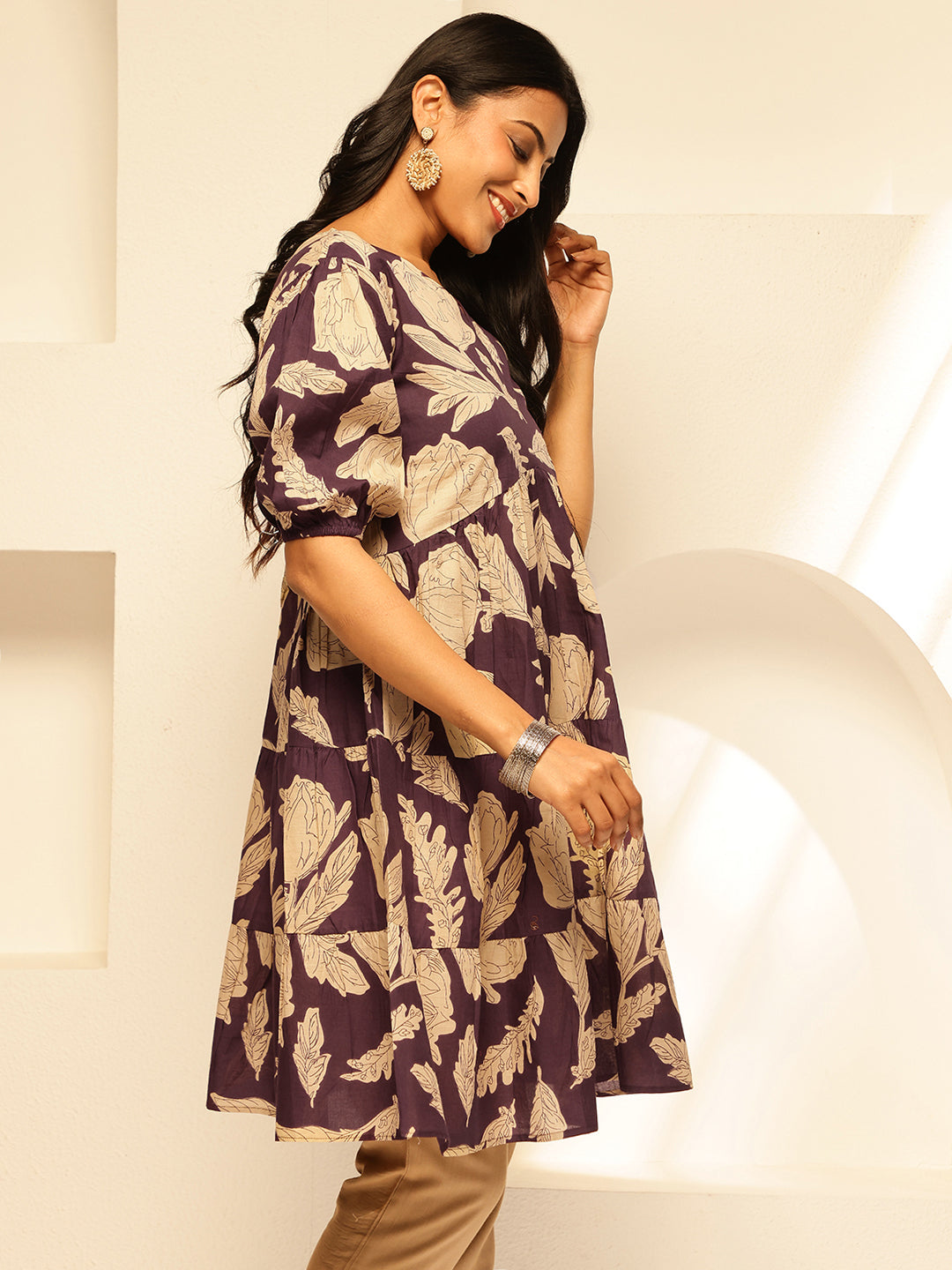 Purple Floral Printed Alia Cut Cotton Tunic Top