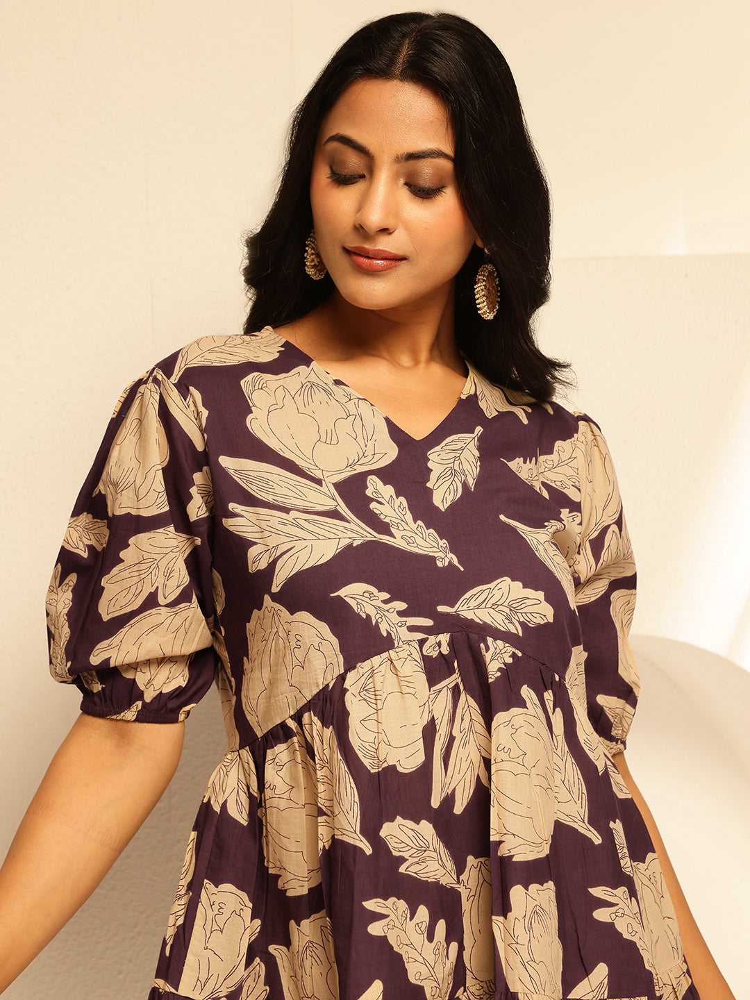 Purple Floral Printed Alia Cut Cotton Tunic Top