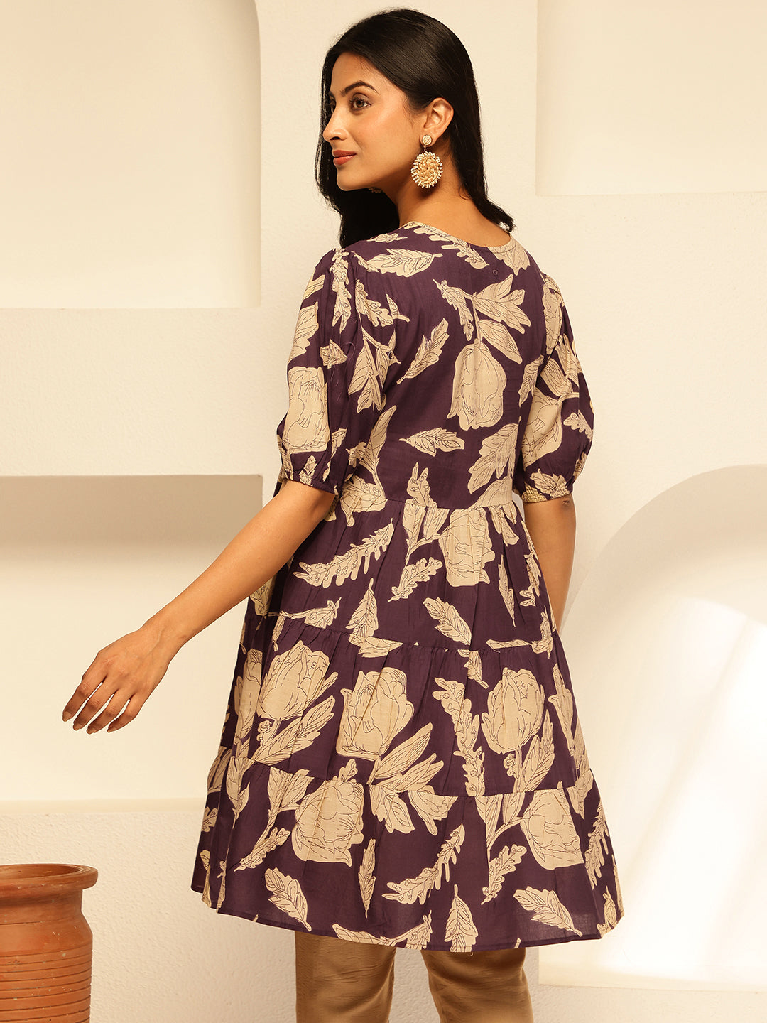 Purple Floral Printed Alia Cut Cotton Tunic Top