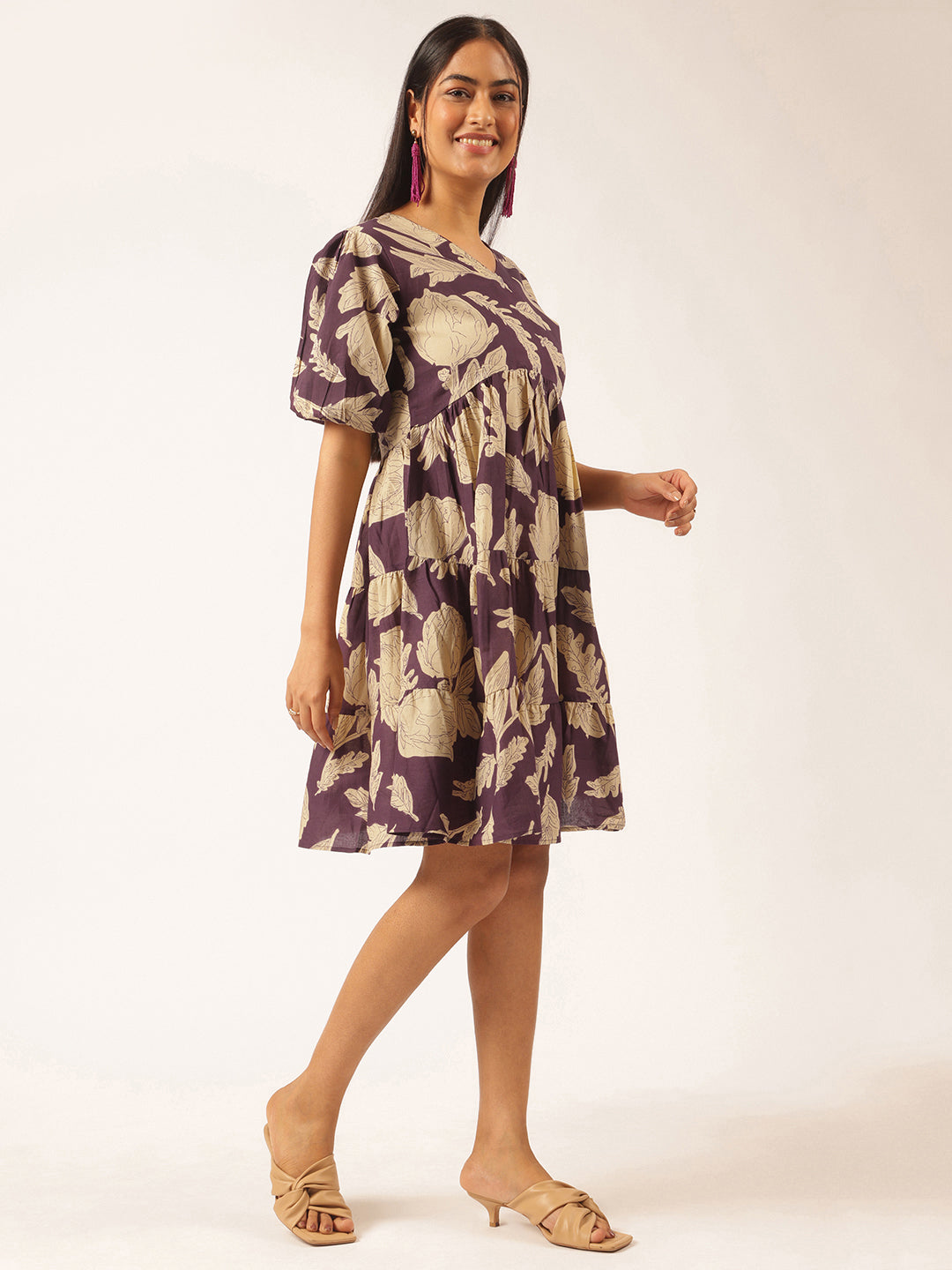 Purple Floral Printed Alia Cut Cotton Stitched Dress