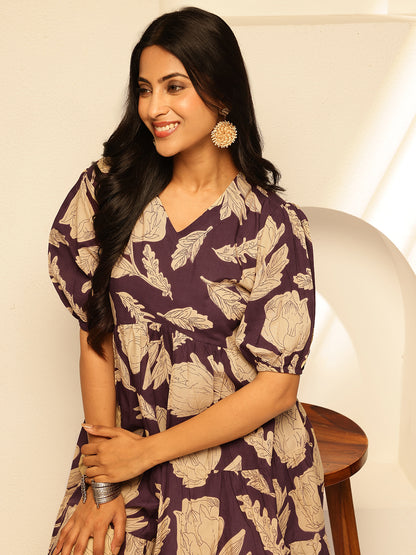 Purple Floral Printed Alia Cut Cotton Tunic Top