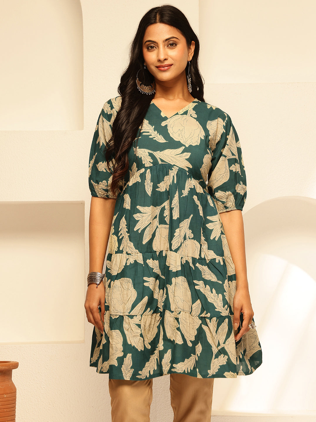 Teal Floral Printed Alia Cut Cotton Tunic Top