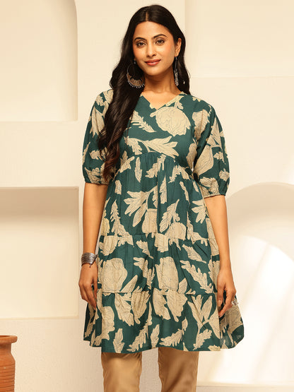 Teal Floral Printed Alia Cut Cotton Tunic Top