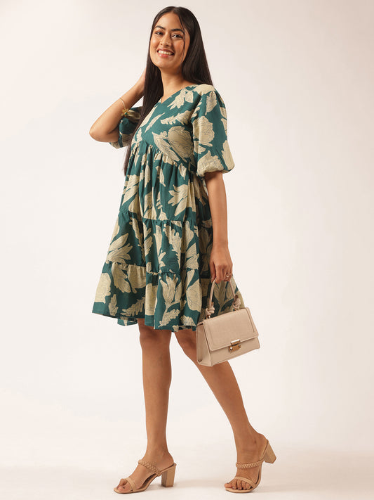 Teal Floral Printed Alia Cut Cotton Stitched Dress