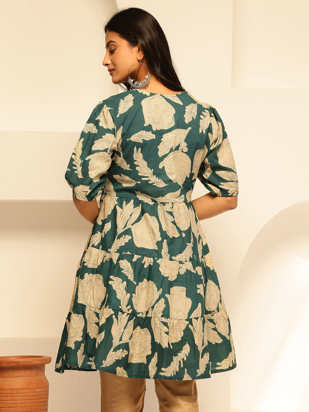 Teal Floral Printed Alia Cut Cotton Tunic Top