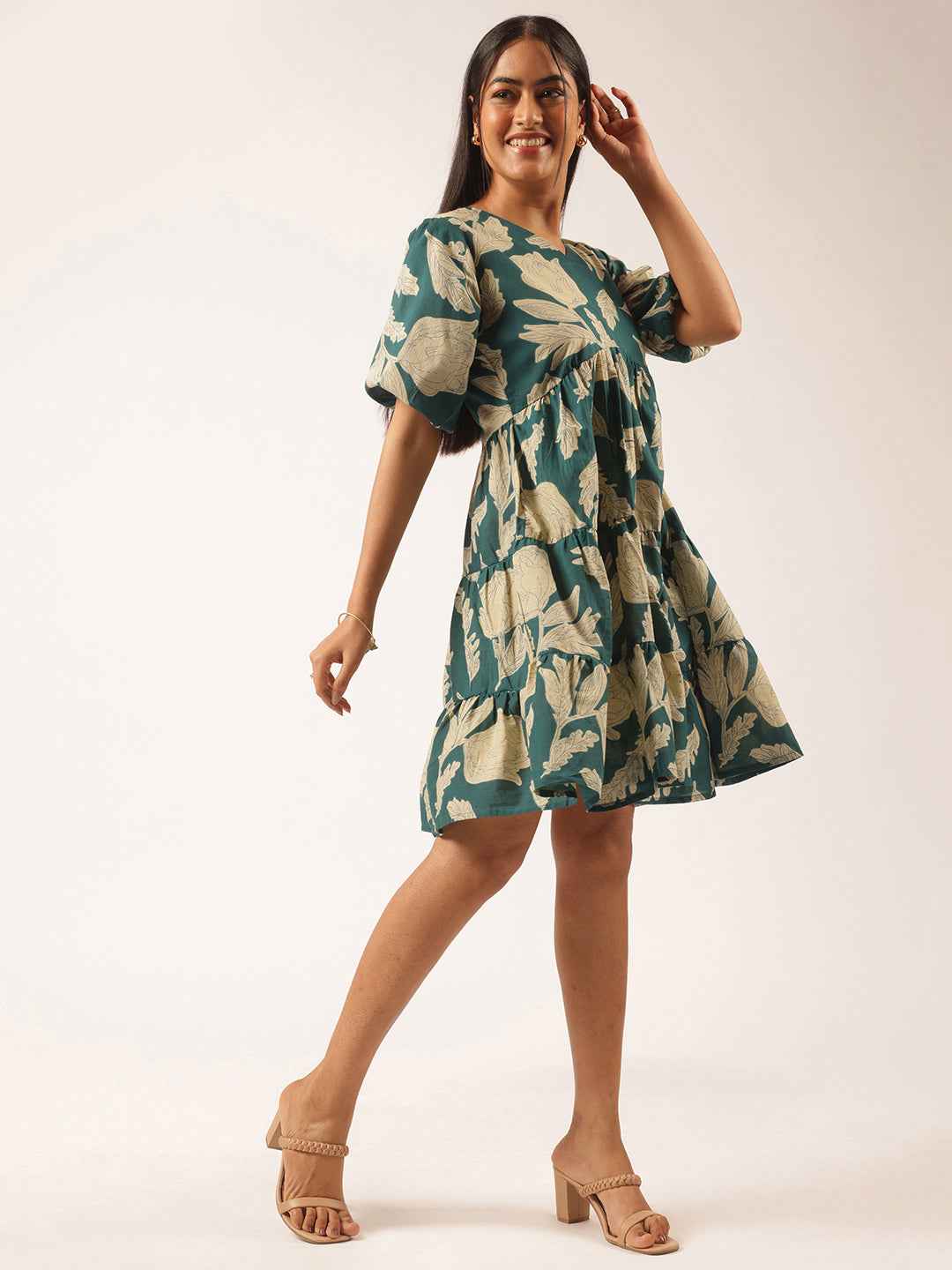 Teal Floral Printed Alia Cut Cotton Stitched Dress