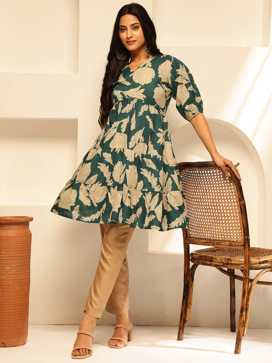 Teal Floral Printed Alia Cut Cotton Tunic Top