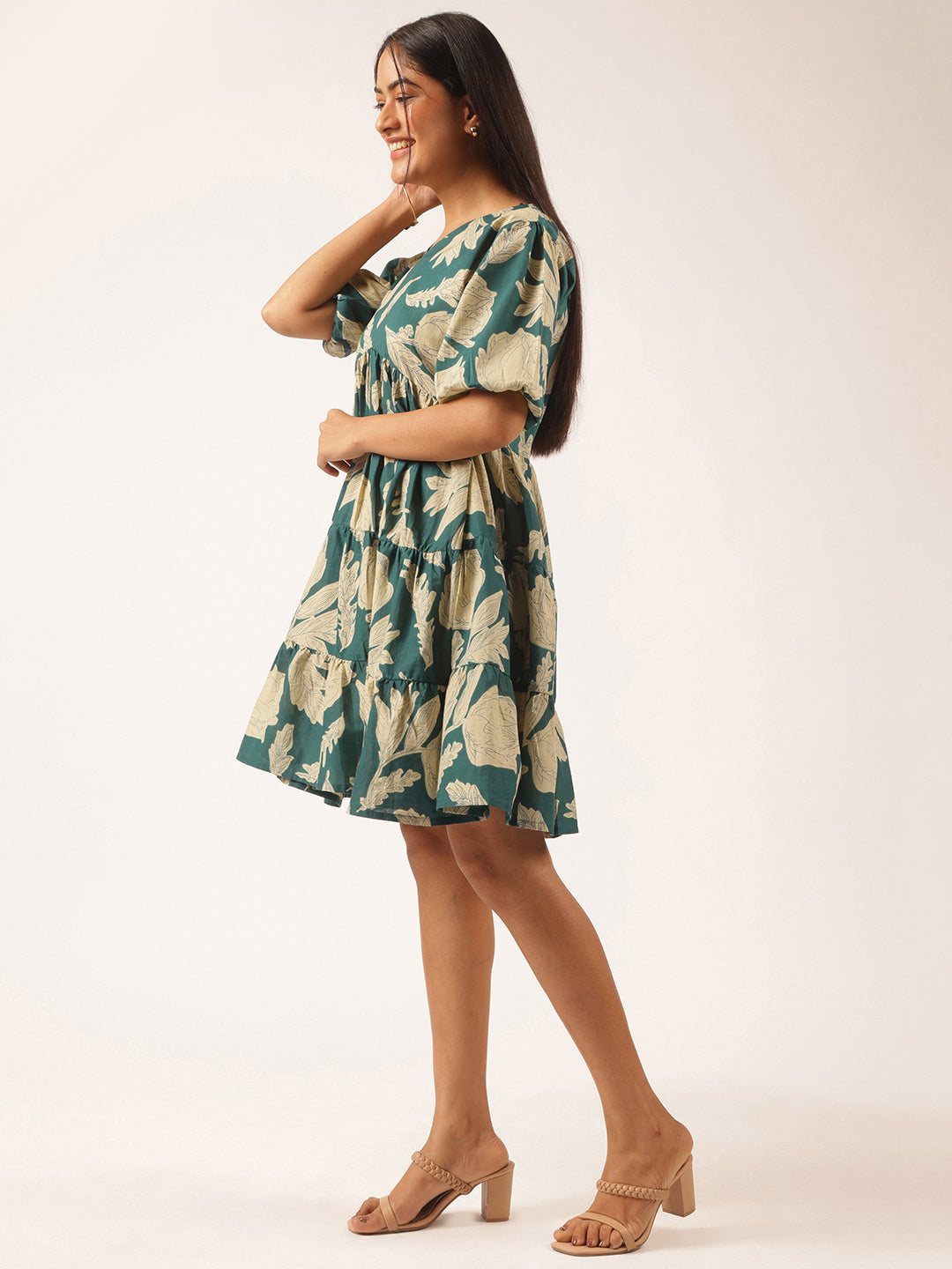Teal Floral Printed Alia Cut Cotton Stitched Dress