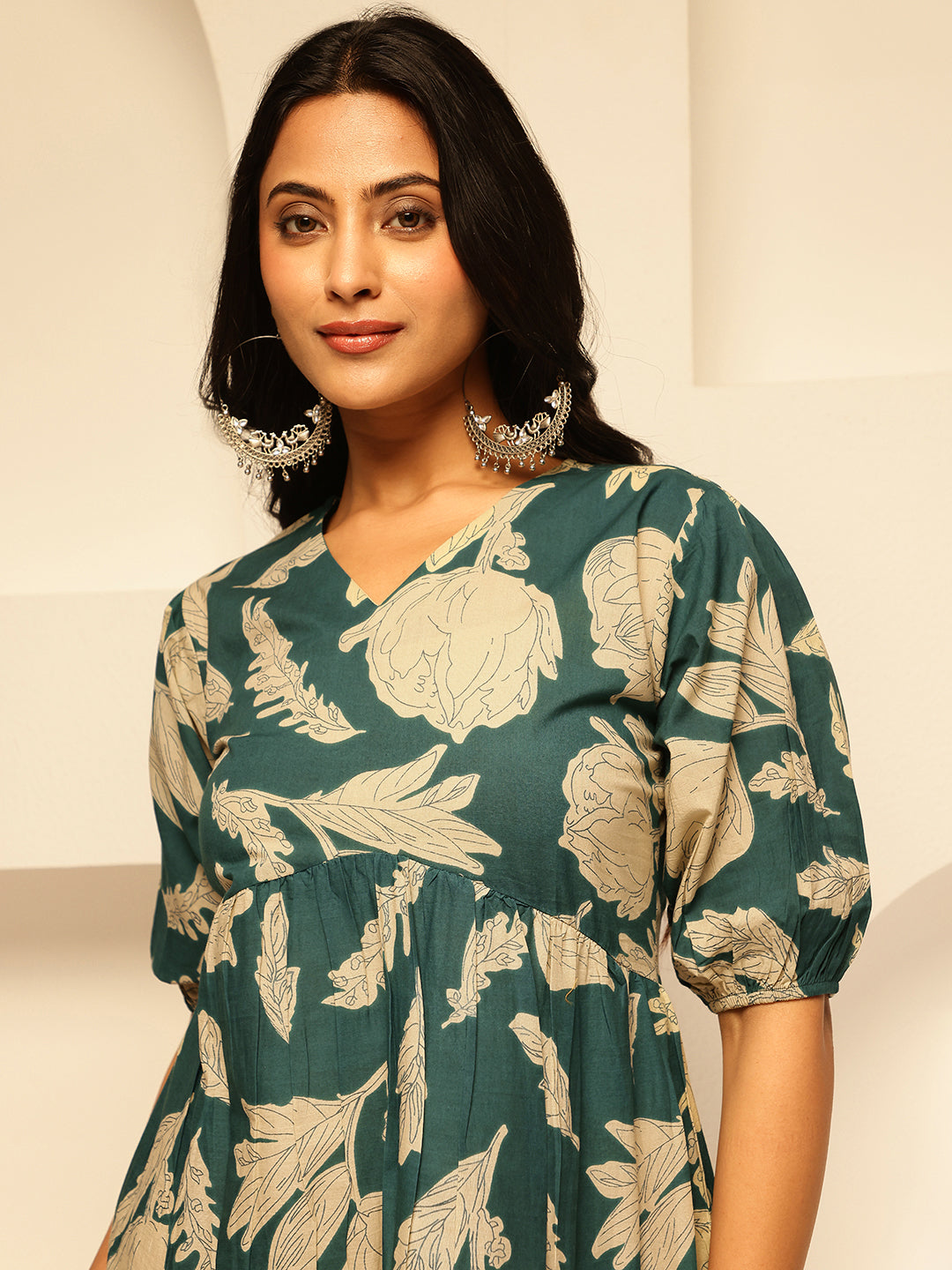 Teal Floral Printed Alia Cut Cotton Tunic Top