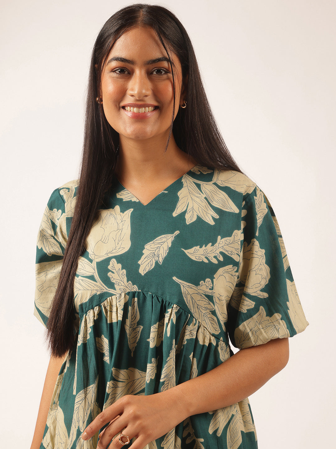 Teal Floral Printed Alia Cut Cotton Stitched Dress