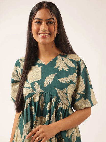 Teal Floral Printed Alia Cut Cotton Stitched Dress