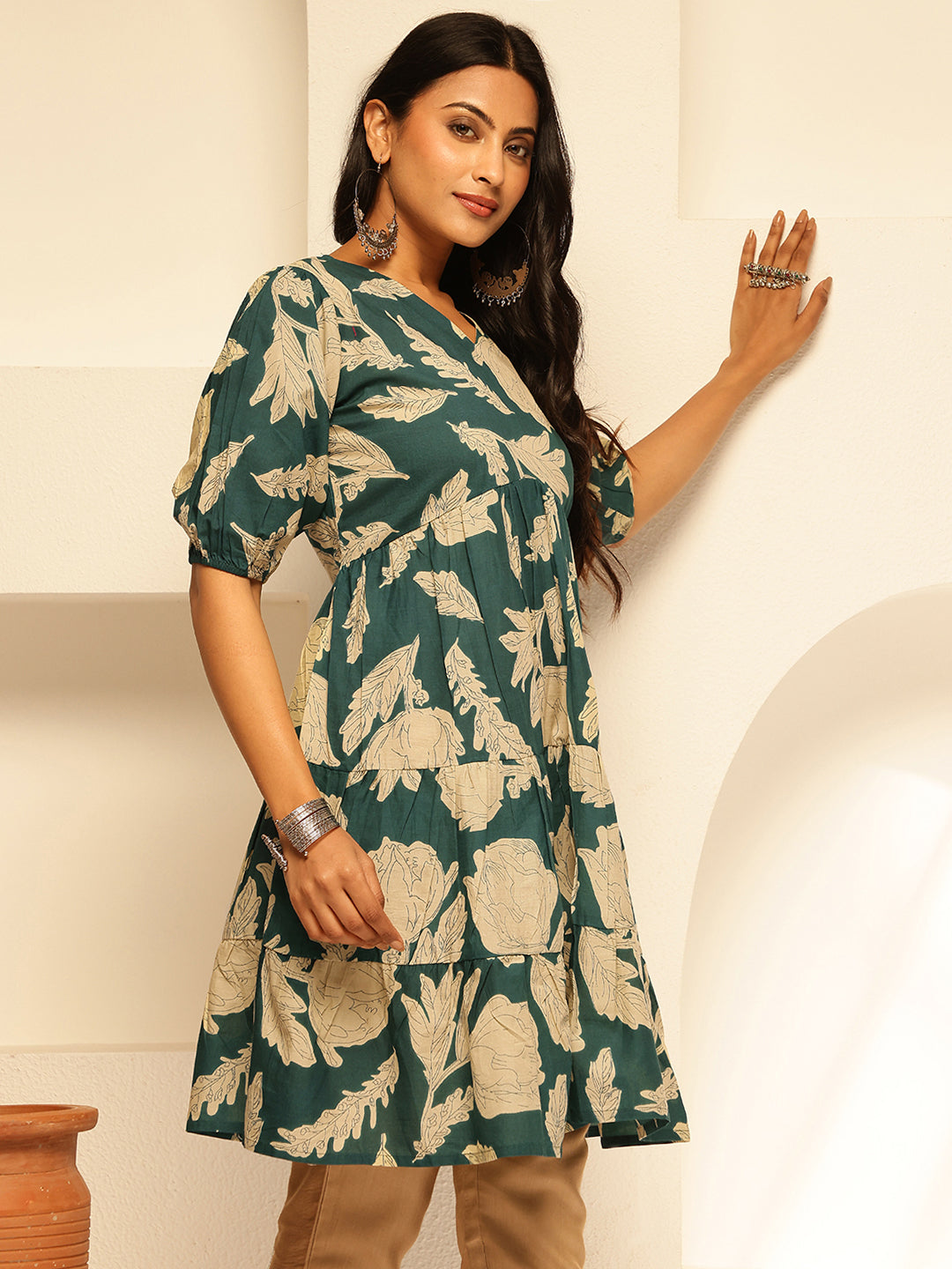Teal Floral Printed Alia Cut Cotton Tunic Top