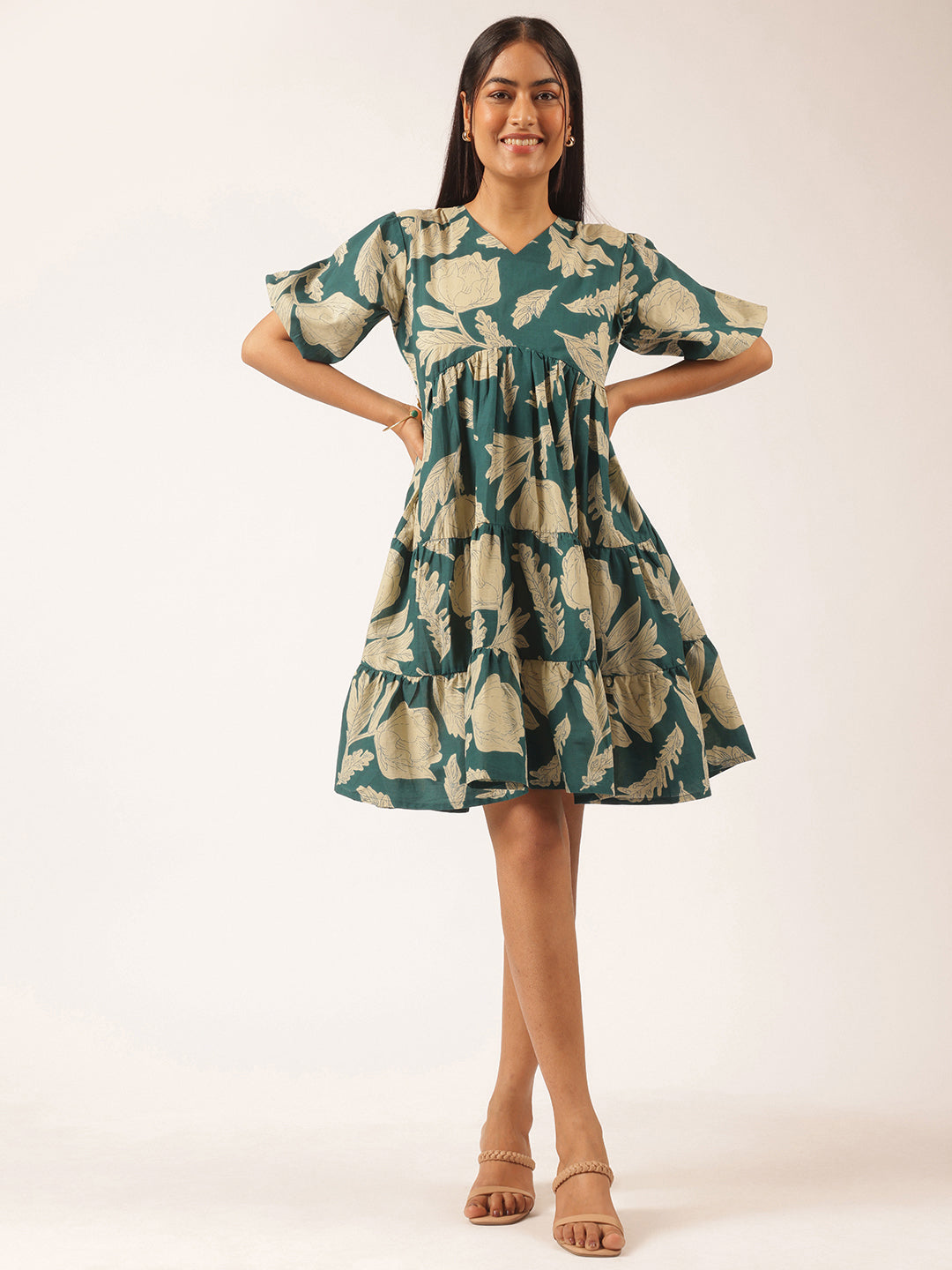 Teal Floral Printed Alia Cut Cotton Stitched Dress