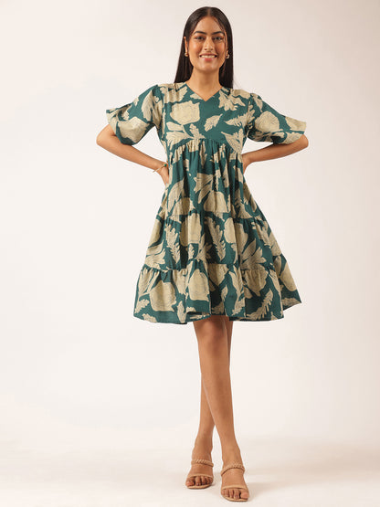 Teal Floral Printed Alia Cut Cotton Stitched Dress