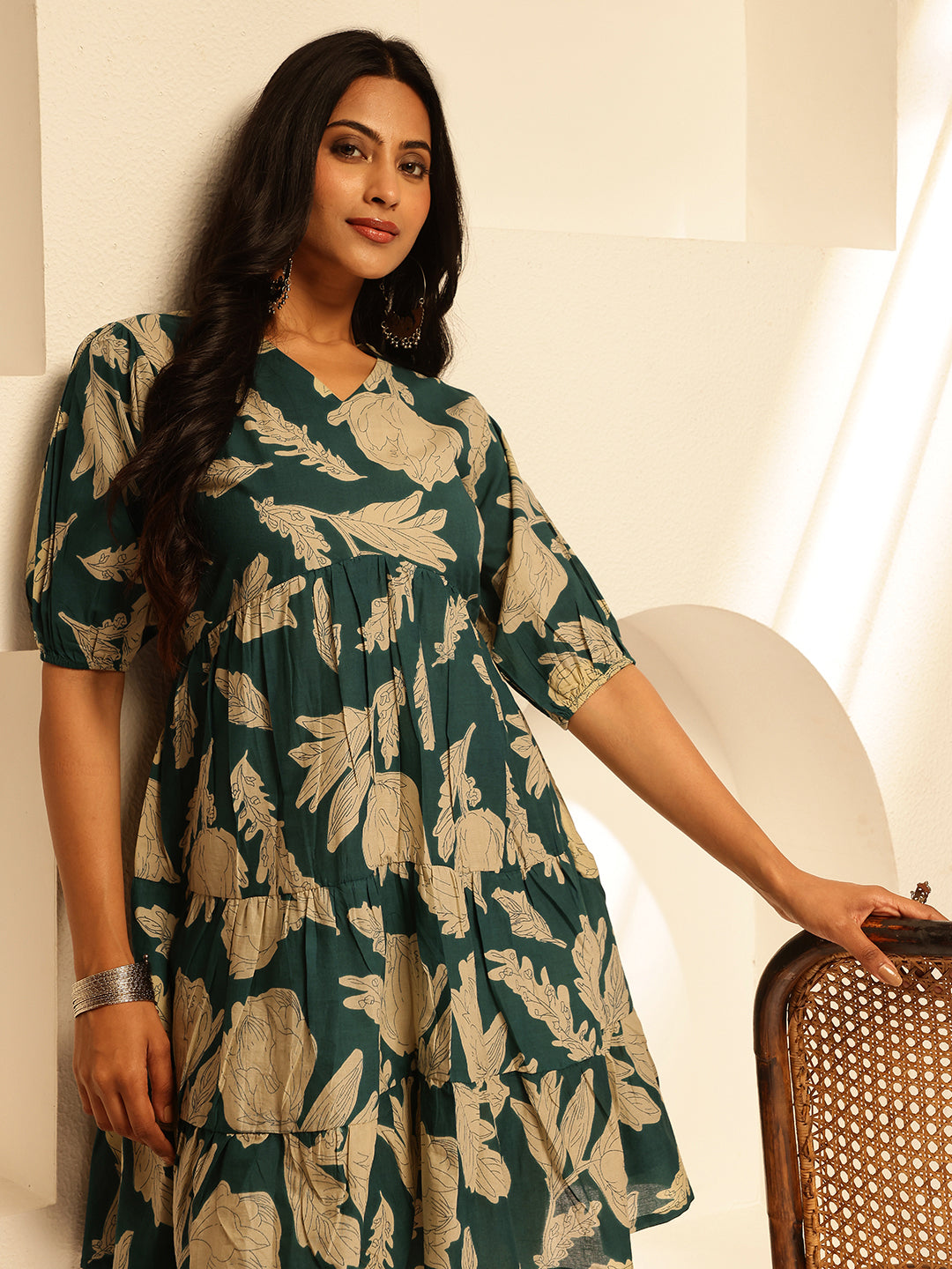 Teal Floral Printed Alia Cut Cotton Tunic Top