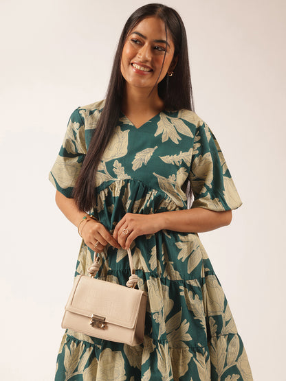 Teal Floral Printed Alia Cut Cotton Stitched Dress