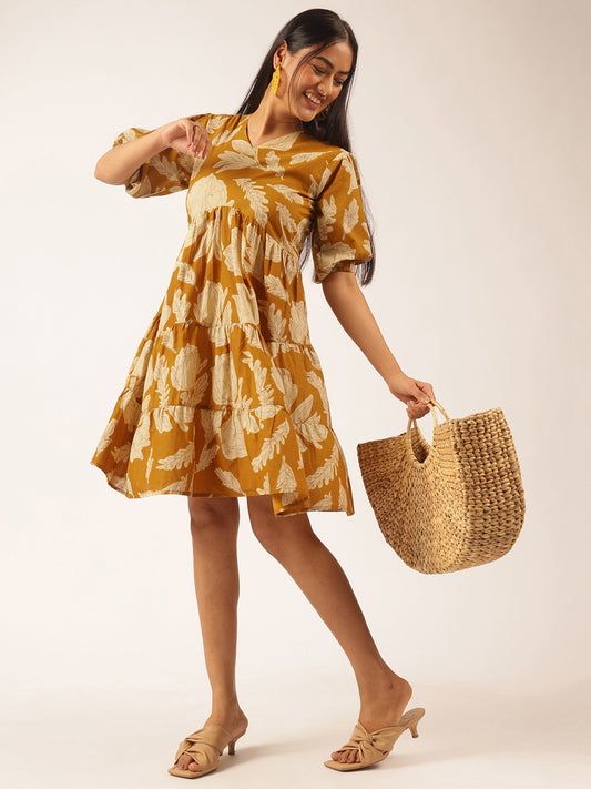 Mustard Floral Printed Alia Cut Cotton Stitched Dress