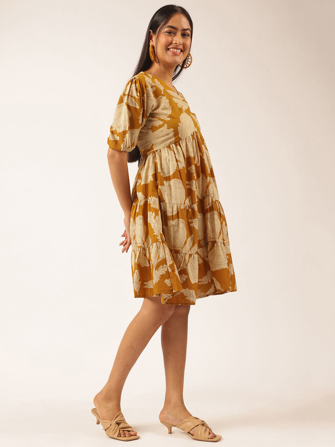 Mustard Floral Printed Alia Cut Cotton Stitched Dress