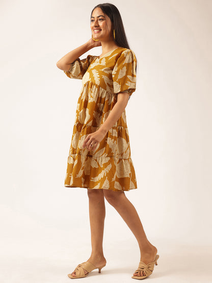 Mustard Floral Printed Alia Cut Cotton Stitched Dress
