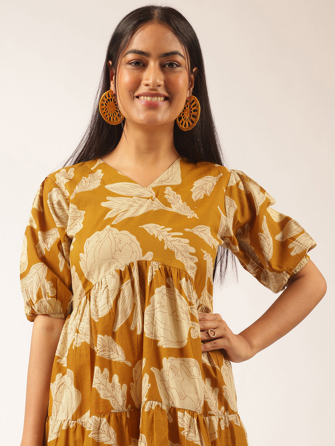 Mustard Floral Printed Alia Cut Cotton Stitched Dress