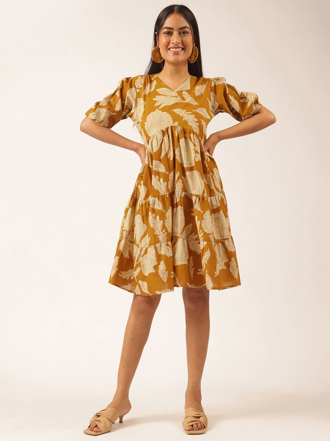 Mustard Floral Printed Alia Cut Cotton Stitched Dress