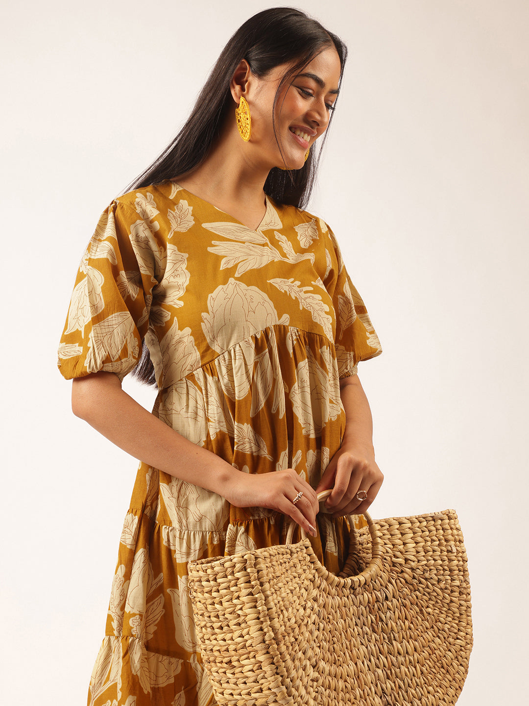 Mustard Floral Printed Alia Cut Cotton Stitched Dress