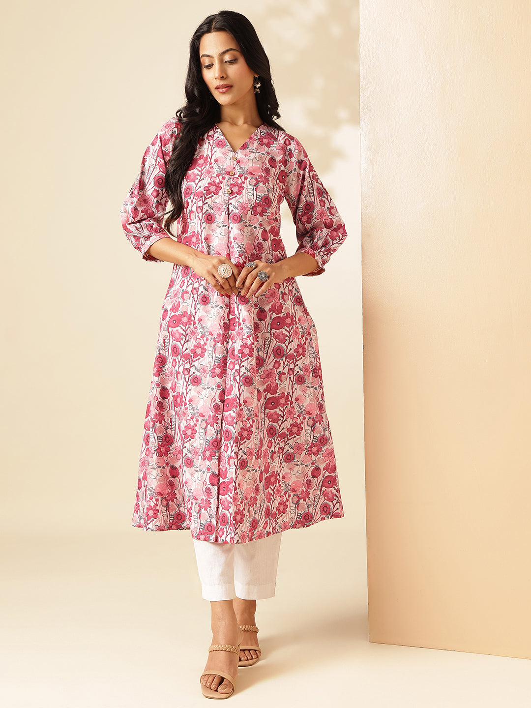 Red Floral Printed A-Line Cotton Kurta