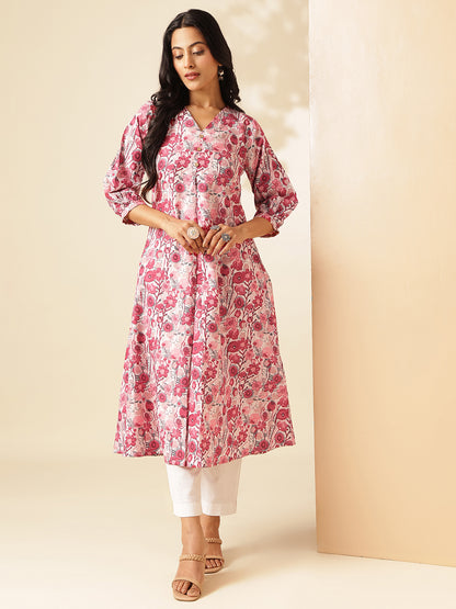 Red Floral Printed A-Line Cotton Kurta