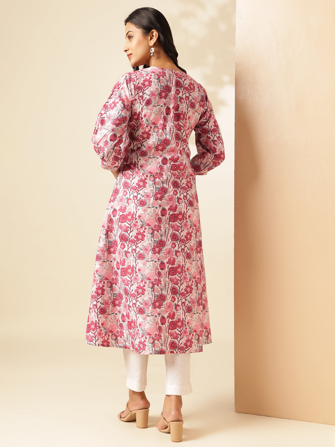 Red Floral Printed A-Line Cotton Kurta
