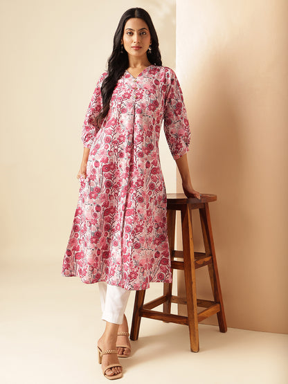 Red Floral Printed A-Line Cotton Kurta
