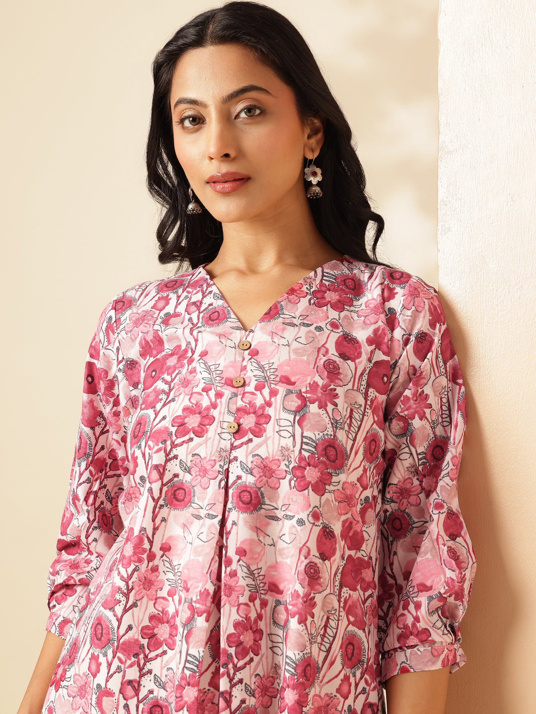 Red Floral Printed A-Line Cotton Kurta