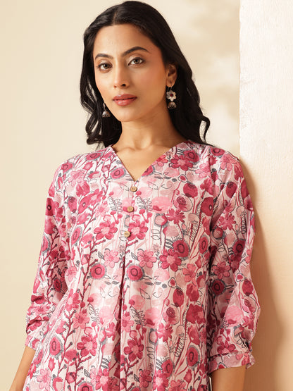 Red Floral Printed A-Line Cotton Kurta