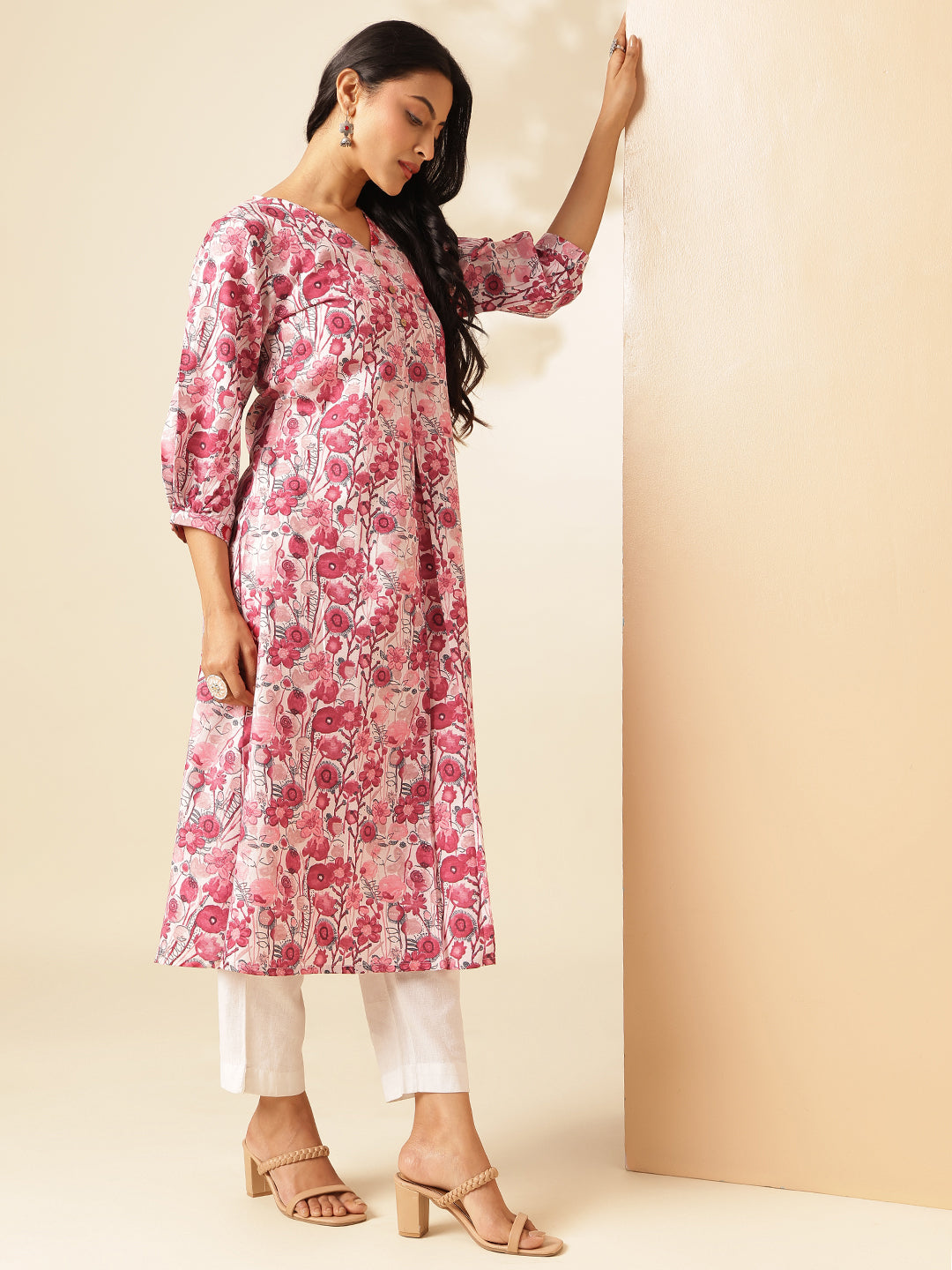 Red Floral Printed A-Line Cotton Kurta