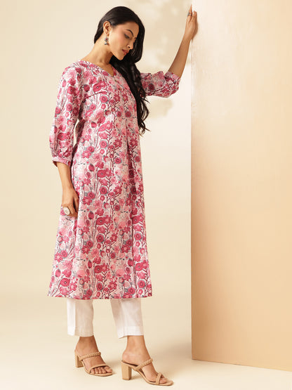 Red Floral Printed A-Line Cotton Kurta
