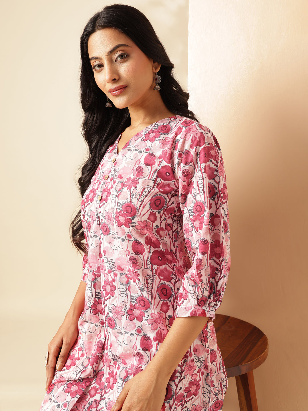 Red Floral Printed A-Line Cotton Kurta