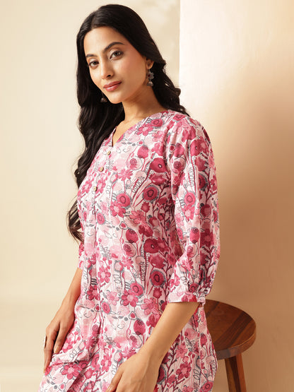 Red Floral Printed A-Line Cotton Kurta