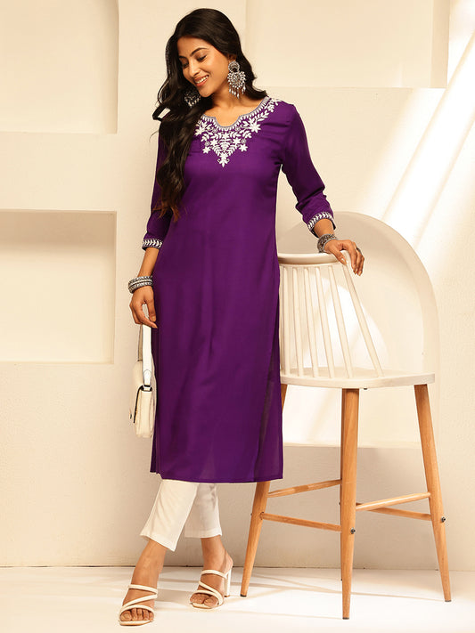 Purple Solid Embroidery Straight Rayon Kurta