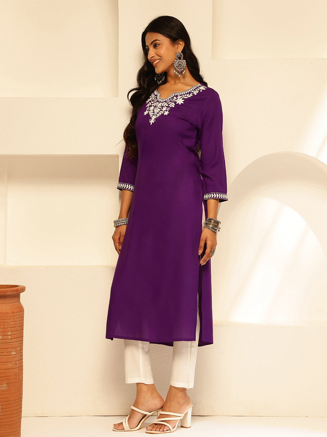 Purple Solid Embroidery Straight Rayon Kurta