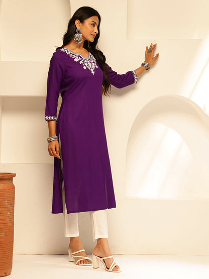 Purple Solid Embroidery Straight Rayon Kurta