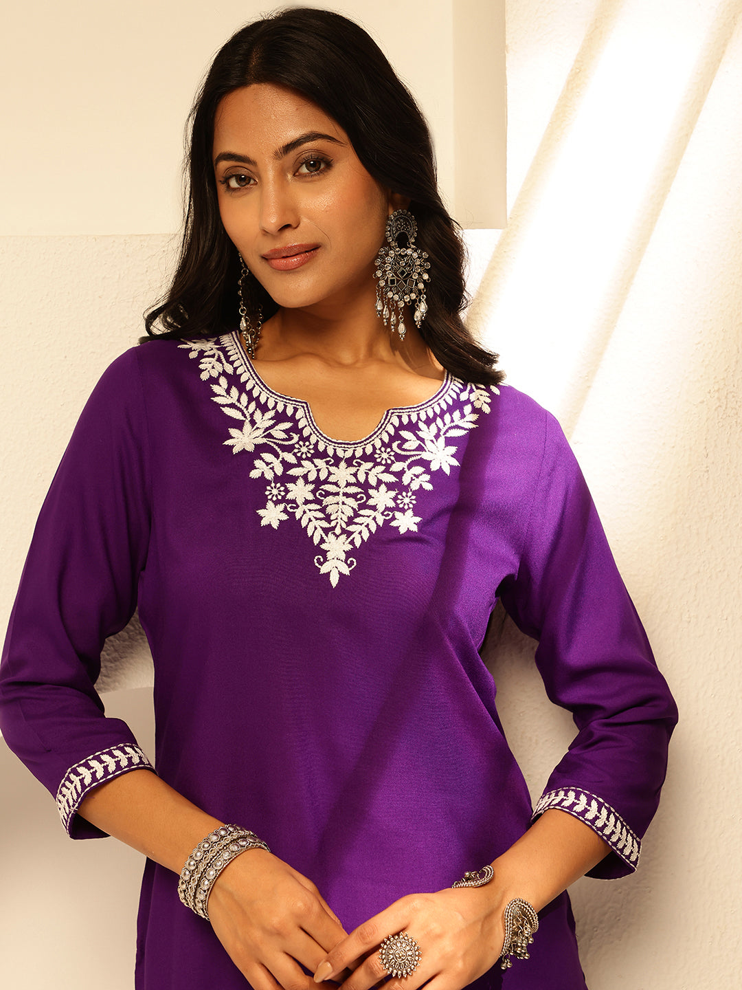 Purple Solid Embroidery Straight Rayon Kurta