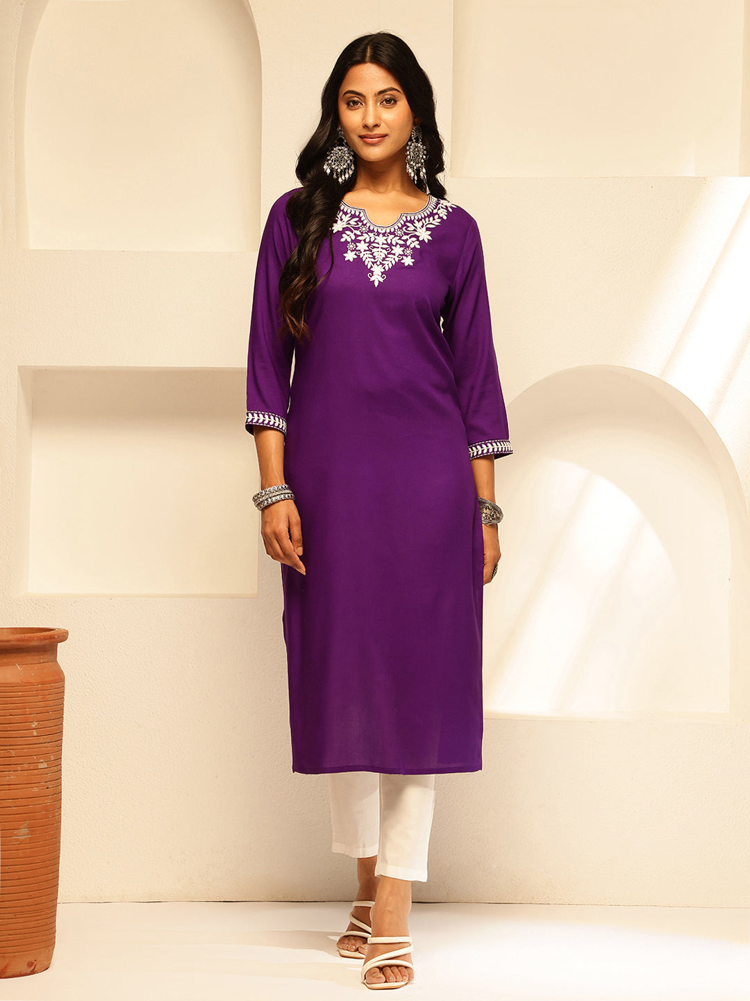 Purple Solid Embroidery Straight Rayon Kurta