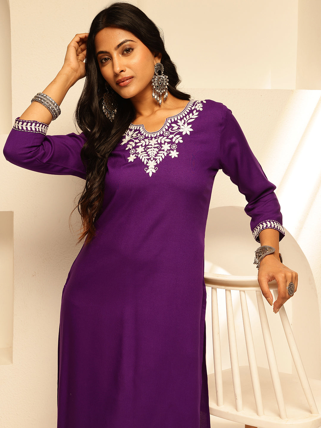 Purple Solid Embroidery Straight Rayon Kurta