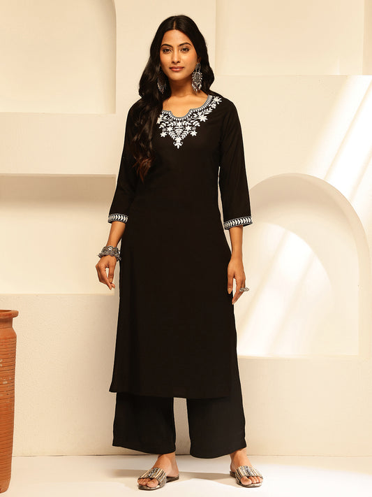 Black Solid Embroidery Straight Rayon Kurta