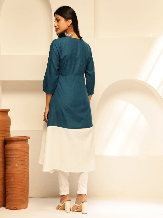 Peacock Blue Solid A-Line Cotton Slub Kurta