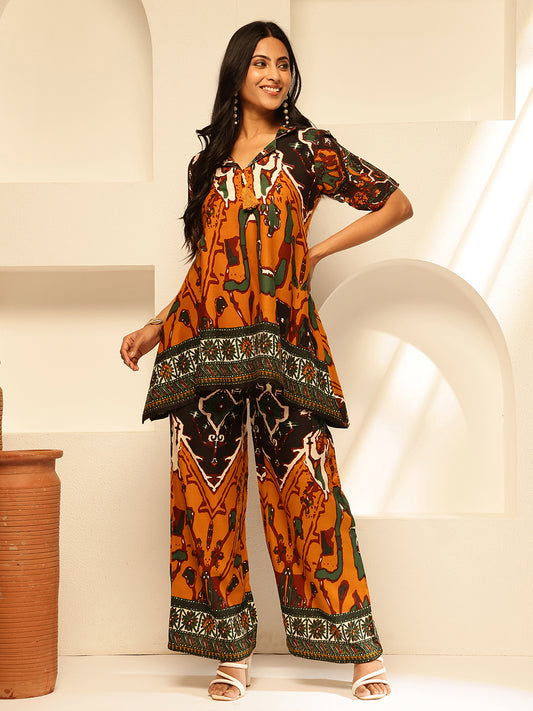 Mustard Rayon Abstract Print Fit and Flare Co-Ord Set