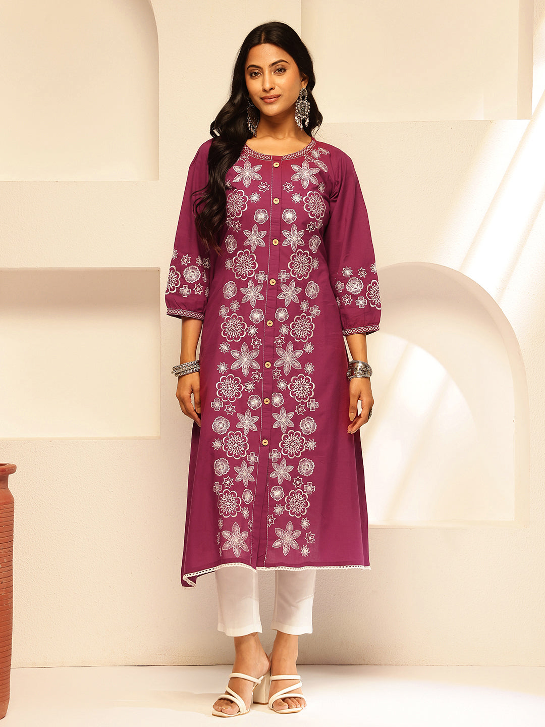 Magenta Embroidery A-Line Cotton Kurta