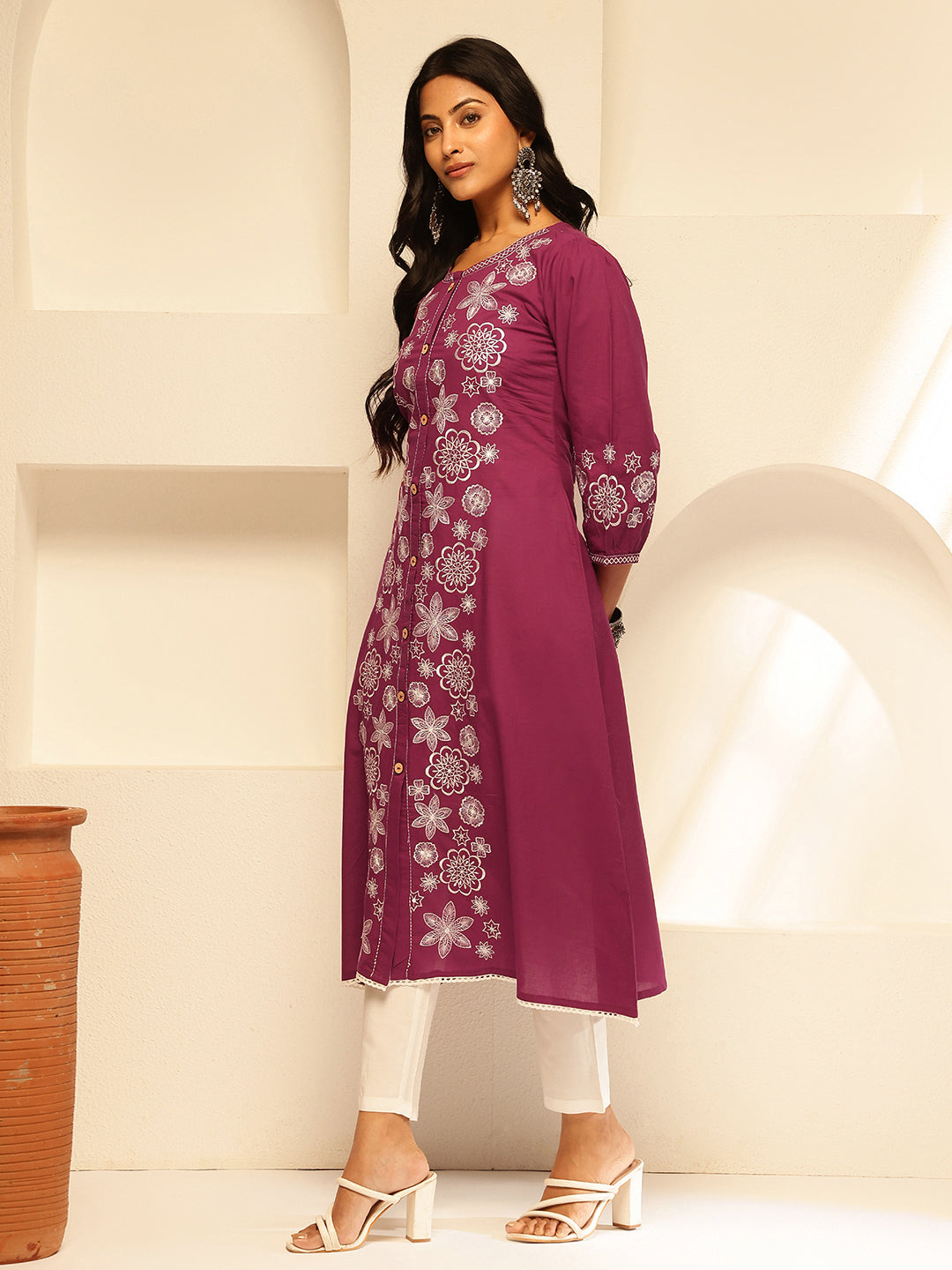 Magenta Embroidery A-Line Cotton Kurta