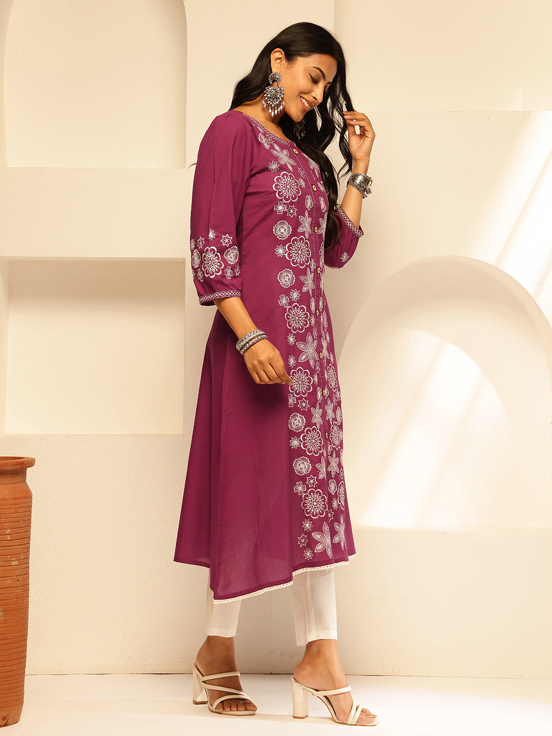 Magenta Embroidery A-Line Cotton Kurta
